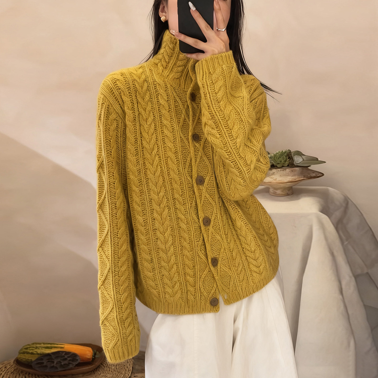 秋冬款高翻立领麻花100%纯羊毛开衫女宽松休闲时尚加厚针织衫毛衣