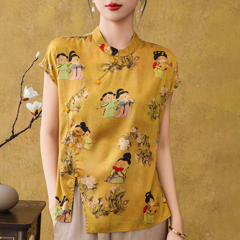 夏季新中式国风缎面印花短袖小衫女百搭斜襟开叉薄款复古T恤上衣