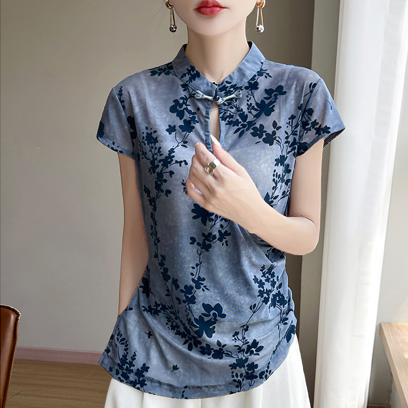 25夏季网纱植绒短袖女国风新中式半高领盘扣提花上衣宽松褶皱T恤