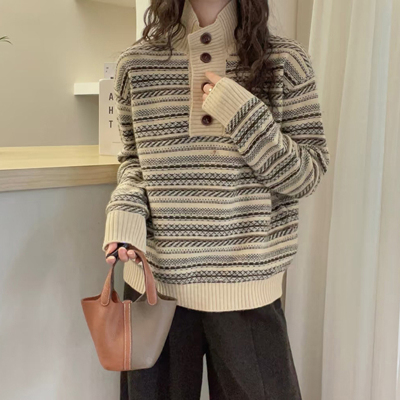 复古风100%纯羊毛衫女半高领纽扣条纹针织衫秋冬宽松保暖打底毛衣