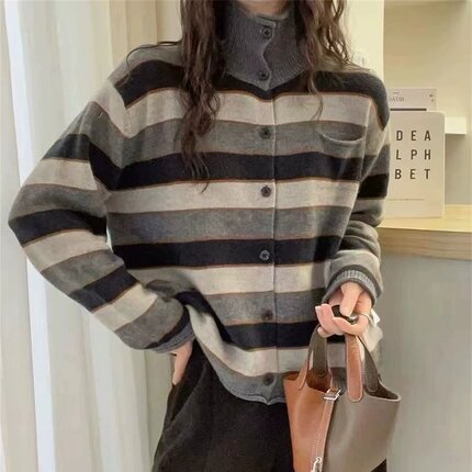 秋冬新款100%纯羊毛开衫女高领复古条纹撞色宽松毛衣针织上衣外套