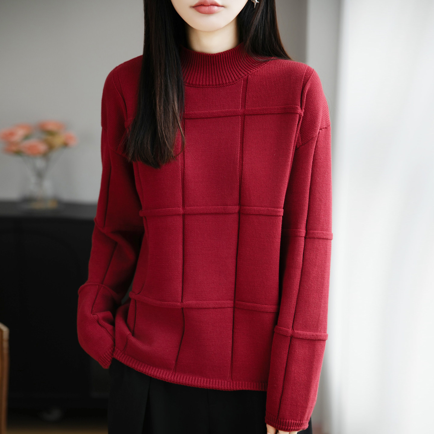 纯棉线加厚半高领方块提花针织衫女秋冬新款宽松显瘦打底内搭毛衣