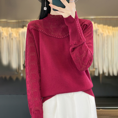 半高领精纺超细羊毛衫女春秋蕾丝重工珍珠长袖毛衣宽松气质打底衫