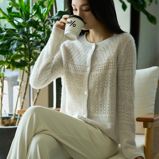 2025年秋季新款羊毛开衫女圆领彩丝镂空开衫毛衣外套薄款宽松上衣
