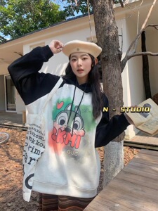 2023秋冬新款韩版宽松大码卡通印花加绒连帽卫衣女撞色百搭上衣潮