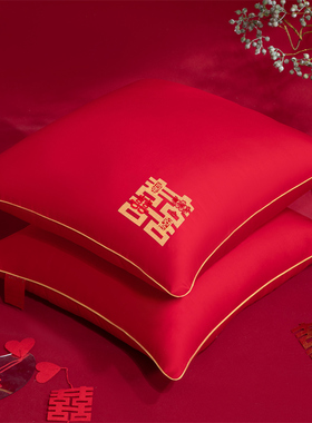 婚庆大红全棉刺绣双喜抱枕60x60cm靠垫芯60x80结婚房压床喜庆枕头