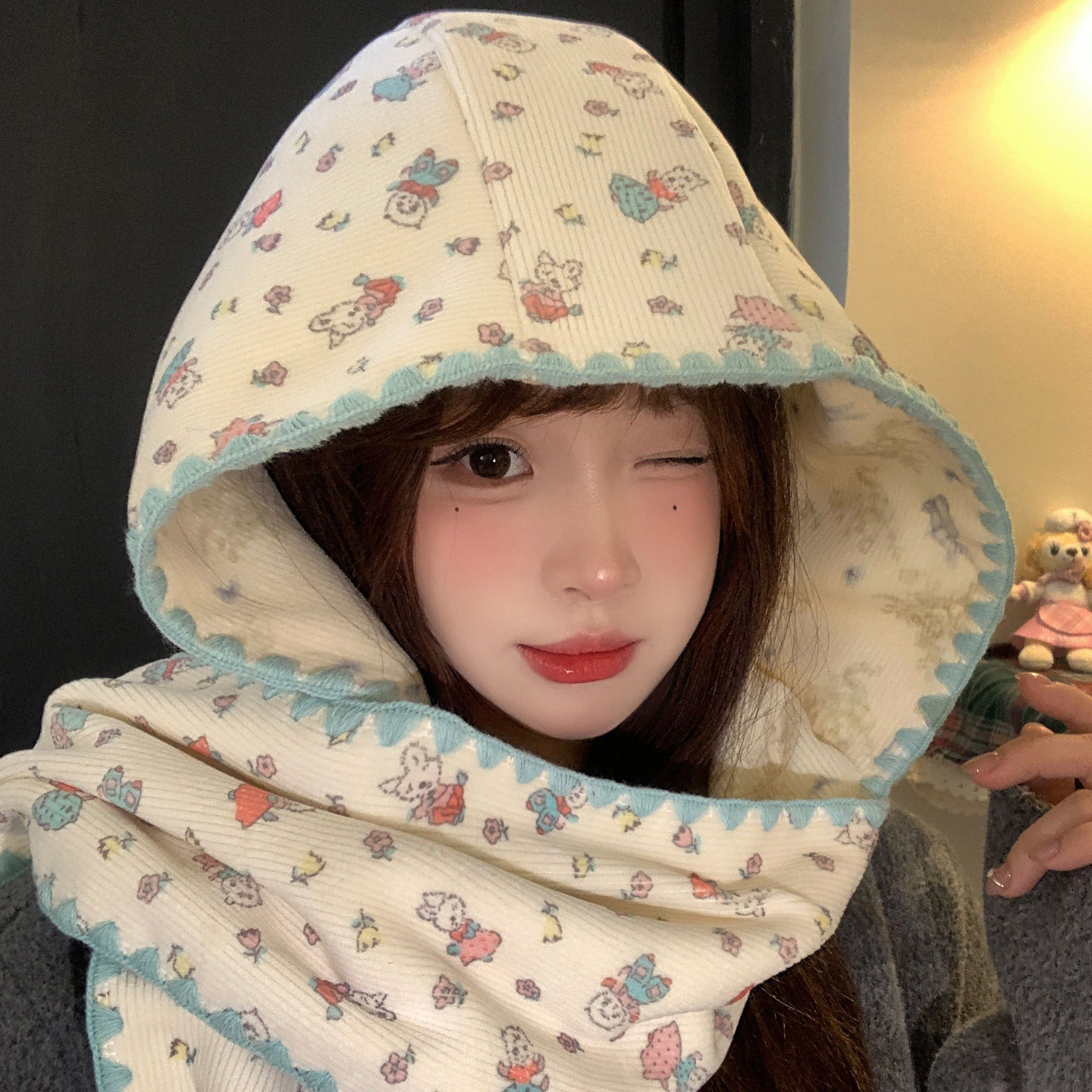 可爱兔子印花双面帽子围巾一体