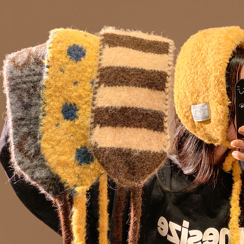 韩系针织毛绒黄色系带耳罩女冬