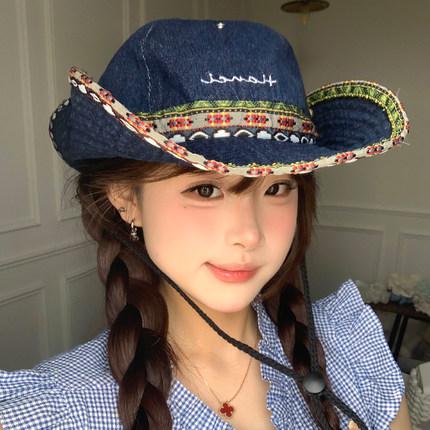 民族风复古渔夫帽子女春夏显脸小户外徒步大檐牛仔登山帽遮阳防晒