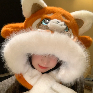 可爱小浣熊毛绒帽子围巾一体女冬季 加绒加厚保暖防寒护耳雷锋帽潮
