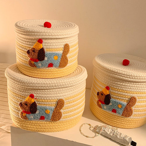 可爱小狗棉线编织桌面收纳筐带盖