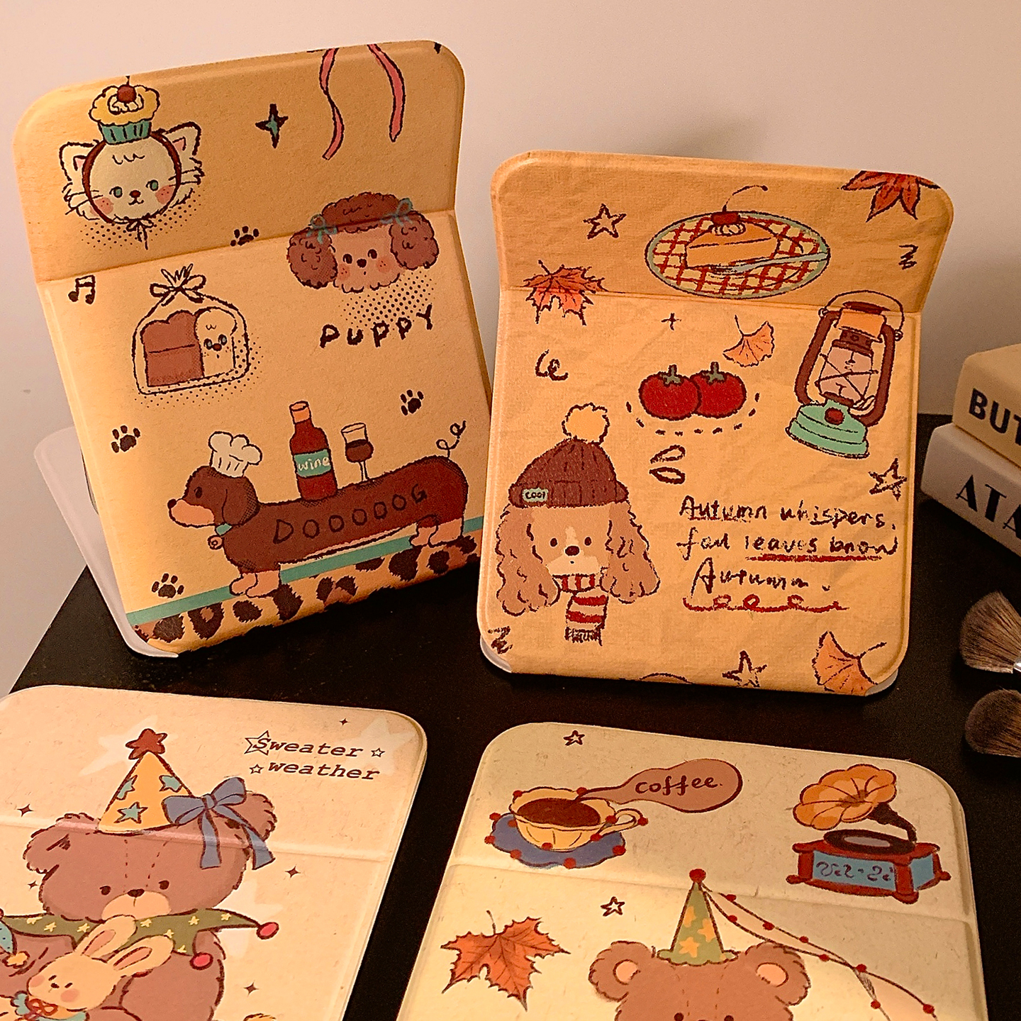 可爱小熊桌面台式化妆镜手持可折叠梳妆镜学生宿舍便携随身小镜子