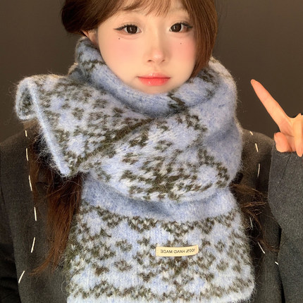 费尔岛风复古提花毛线针织围巾女冬季韩系氛围感保暖防寒护颈围脖