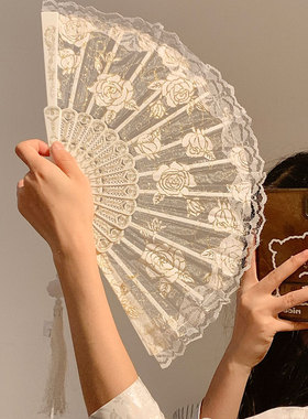 新中式白色蕾丝玫瑰折叠小扇子夏天国风古风舞蹈汉服折扇2025新款