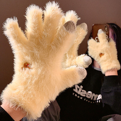 可爱小熊毛绒绒触屏手套女冬季