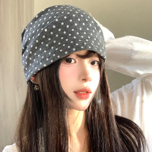韩系复古波点绑带堆堆帽女大头围