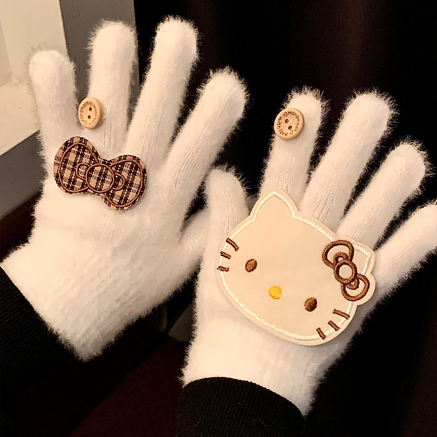 可爱Kitty猫蝴蝶结毛绒五指手套