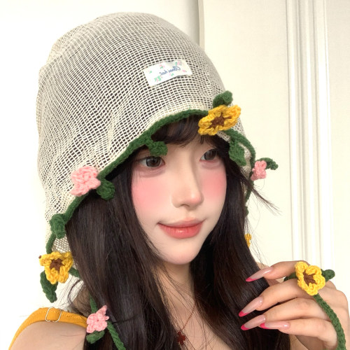 森系手工钩针花朵流苏堆堆帽女夏