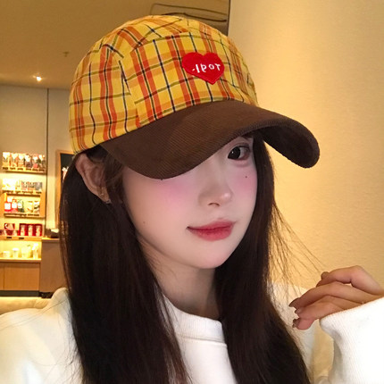 韩系黄格拼接字母爱心刺绣棒球帽女y2k宽檐大头围显脸小鸭舌帽子