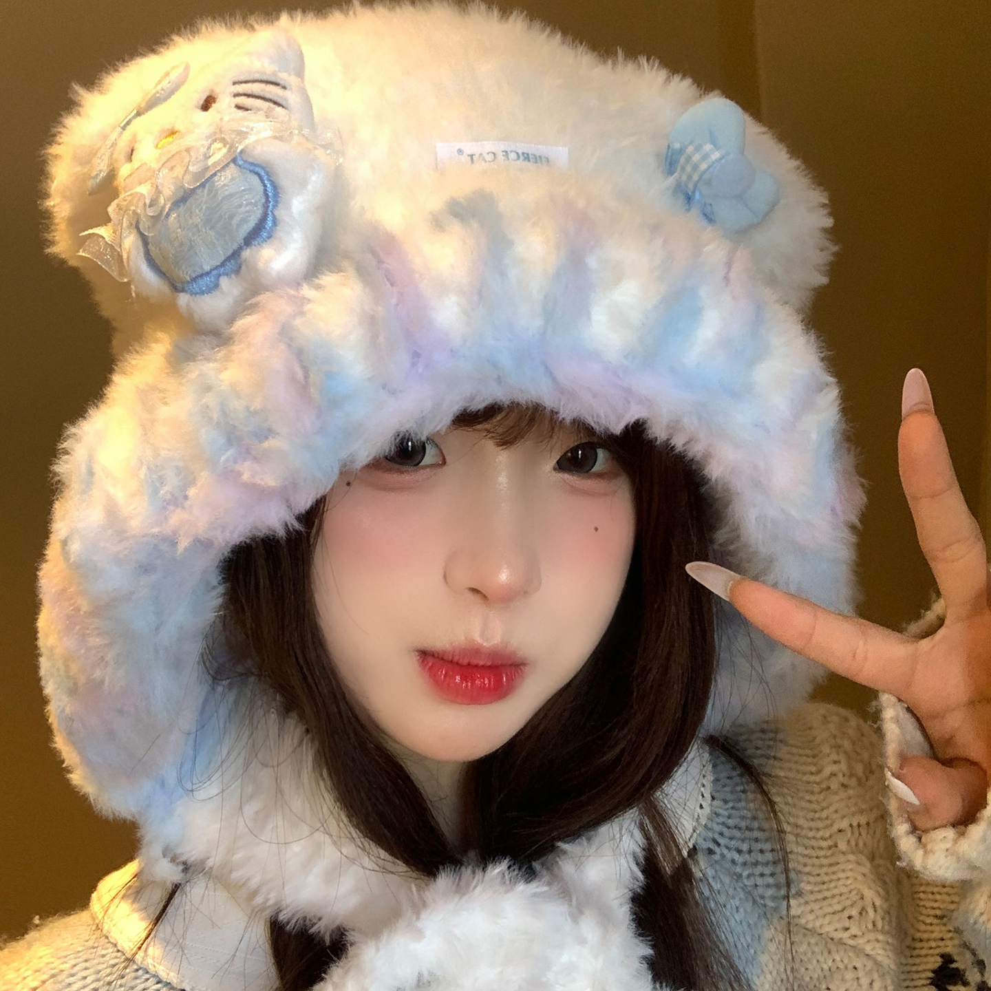 可爱Kitty猫耳朵毛绒针织帽子女