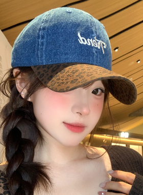 美式复古豹纹牛仔拼色棒球帽女春夏大头围显脸小百搭遮阳鸭舌帽子
