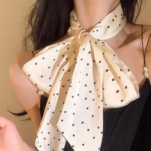 法式缎面黑白波点长条丝巾女系脖