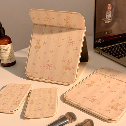 可爱碎花兔子折叠化妆镜桌面可立