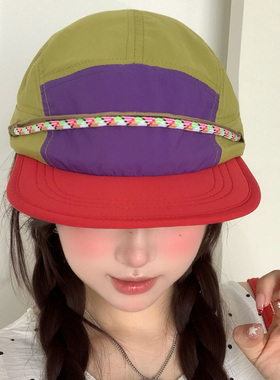 山系复古拼色平檐鸭舌帽子女夏季薄款户外运动大头围显脸小棒球帽