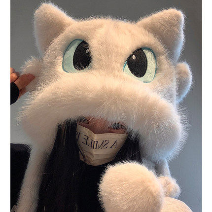 可爱无牙仔毛绒帽子女2025新款秋冬季加绒加厚保暖骑行护耳雷锋帽