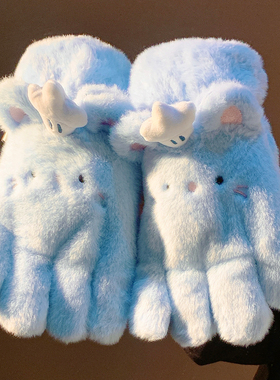 可爱蓝色猫咪毛绒五指手套女冬季保暖加绒加厚防风骑行车2025新款