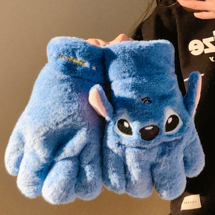 迪士尼史迪仔毛绒五指手套女冬季保暖加绒加厚可爱骑行分指防寒风