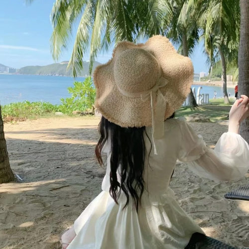蕾丝大檐波浪拉菲草帽女夏季海边