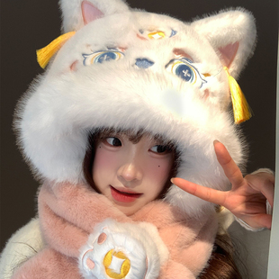 国潮醒狮猫咪毛绒帽子围巾一体女冬季 可爱加厚保暖新年护耳雷锋帽