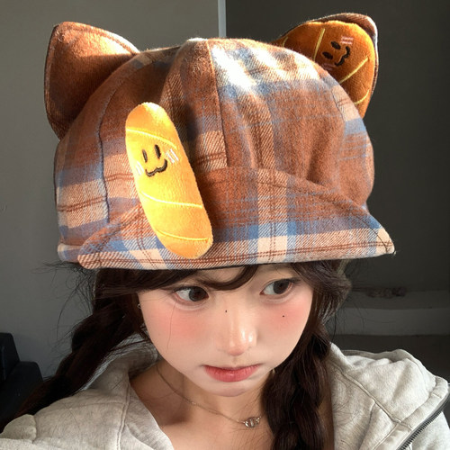 日系可爱牛角包猫耳格纹八角帽女