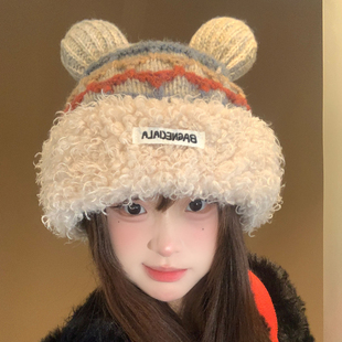可爱小熊耳朵拼色毛线针织帽子女冬季 加厚保暖防寒毛绒护耳套头帽