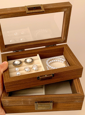 高级复古木质首饰盒便携大容量戒指耳环耳钉项链手饰品收纳盒小型