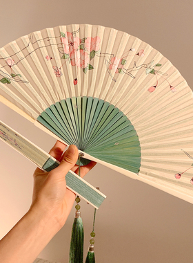 古风海棠新中式折叠扇子女夏天便携中国风汉服舞蹈绿色小竹扇家用