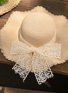 波浪边蕾丝草帽女夏天海边沙滩遮阳防晒帽编织大帽檐法式时尚帽子