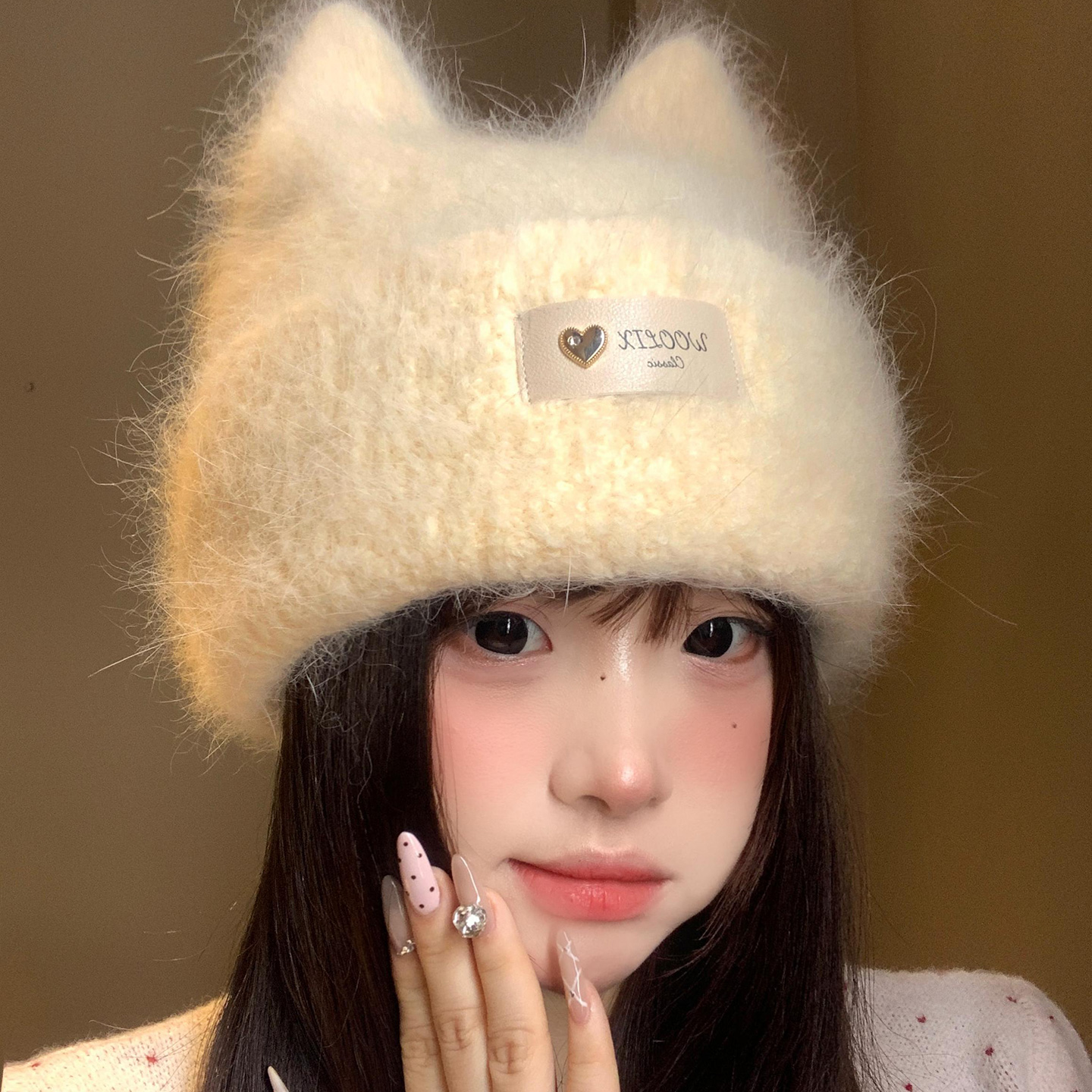 可爱猫耳朵兔毛针织帽子