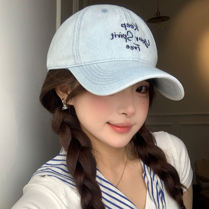 韩系氛围感水洗牛仔刺绣棒球帽女春夏季大头围显脸小遮阳鸭舌帽子