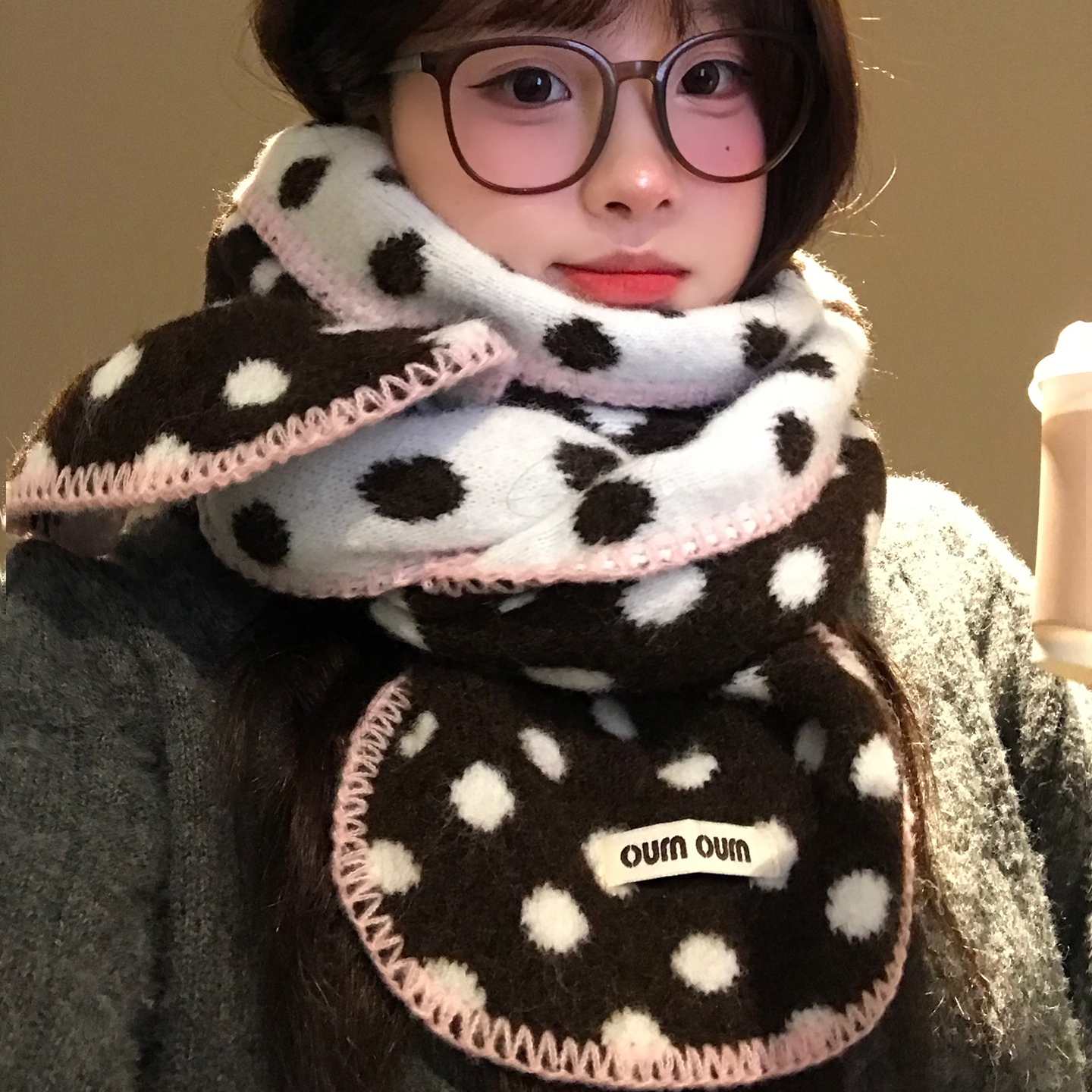 双面波点粉色包边针织围巾保暖