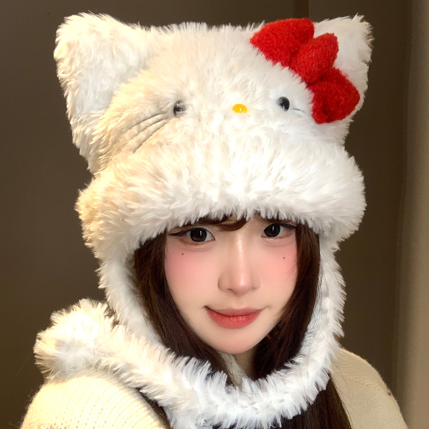 可爱蝴蝶结猫咪耳朵毛绒针织帽子