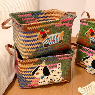 可爱小狗仿藤编收纳篮桌面零食衣物整理盒化妆品收纳筐家用大容量
