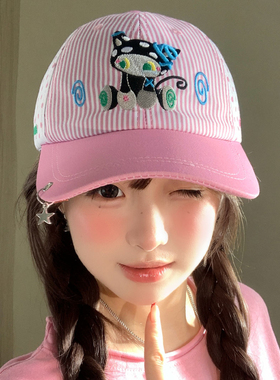 日系小众布偶猫刺绣粉色棒球帽女夏大头围宽檐显脸小百搭鸭舌帽子