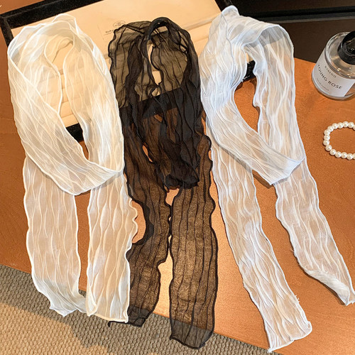 韩系纯色褶皱长条丝巾女春夏围巾