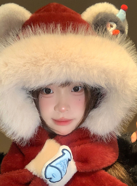 新年红色可爱毛绒帽子围巾一体女冬季保暖防寒围脖雷锋帽2025新款