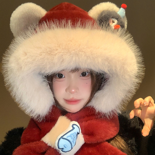 新年红色可爱毛绒帽子围巾一体女冬季 保暖防寒围脖雷锋帽2025新款