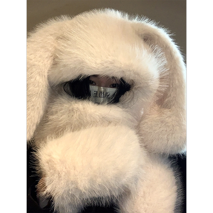 可爱毛绒兔子耳朵帽子围巾一体女冬季加厚保暖防寒骑行手套三件套