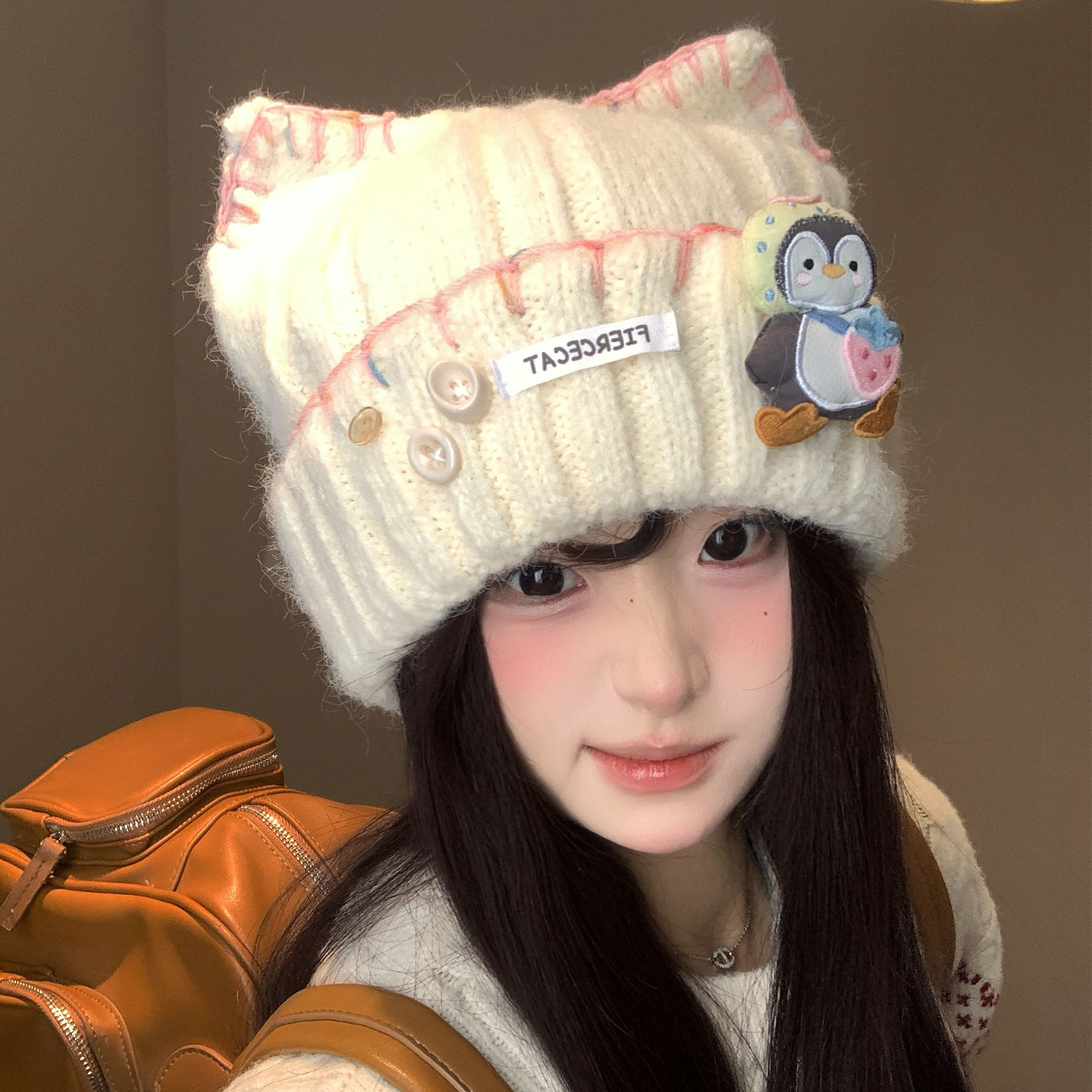 可爱企鹅猫耳朵针织帽子女秋冬保暖显脸小毛线帽百搭护耳包头冷帽