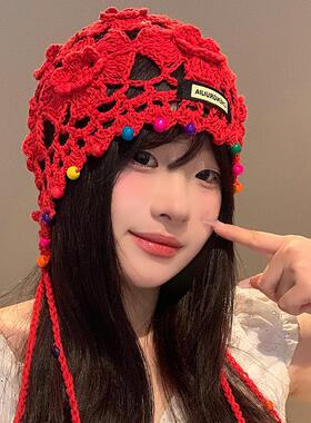花朵流苏手工编织包头帽女春夏季旅游波西米亚镂空套头帽红色帽子